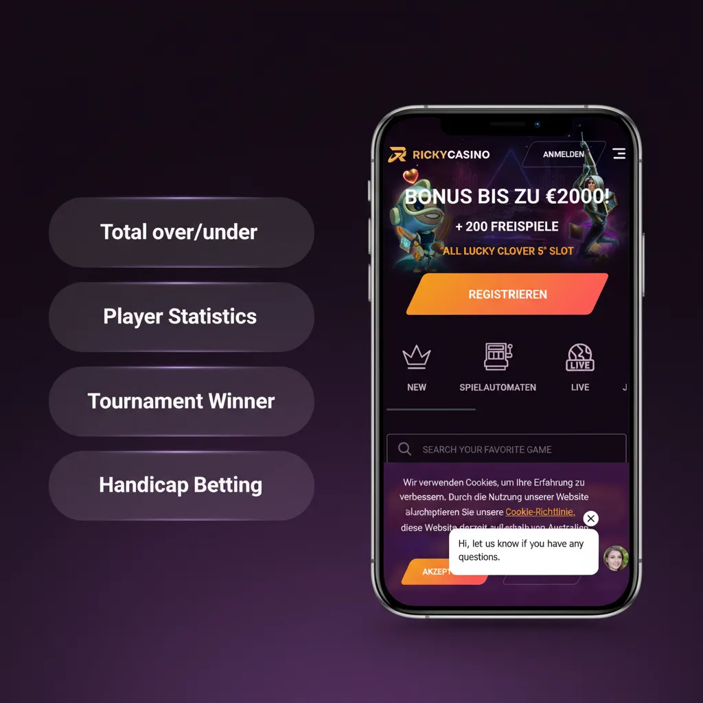 Ricky Casino app screen listing bet types: Single, Multi, Handicap, Over/Under, Futures with payout and risk shown.
