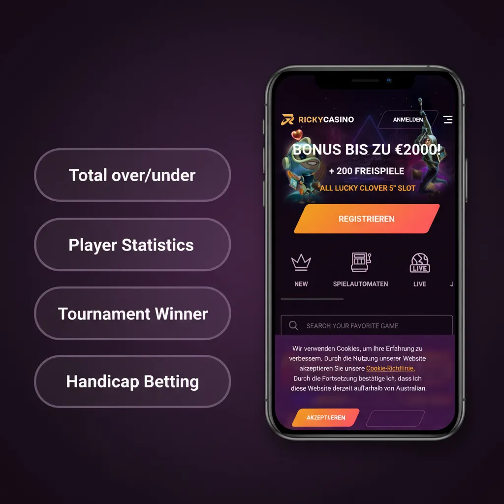 Ricky Casino bet types infographic: Single, Accumulator, Treble, Line/Handicap, Over/Under; risk vs payout overview.