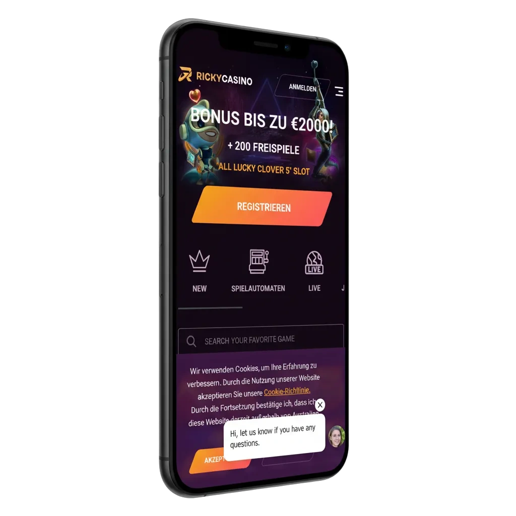 Ricky Casino app for Android APK and iOS, multilingual, payment logos: Visa, Maestro, Skrill, Bitcoin.