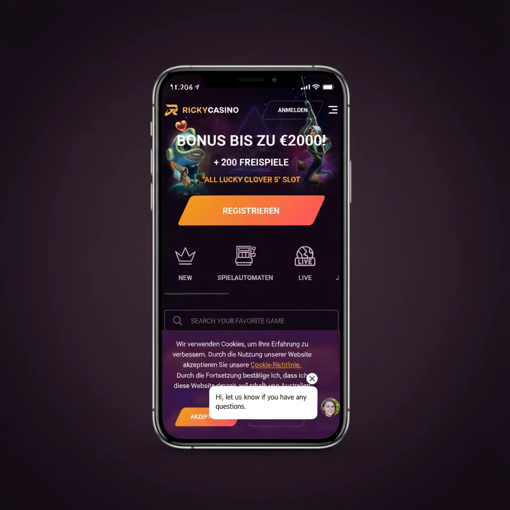 Ricky Casino mobile interface optimized for one-hand use with tabs for Sports, Casino, Live, and Banking.