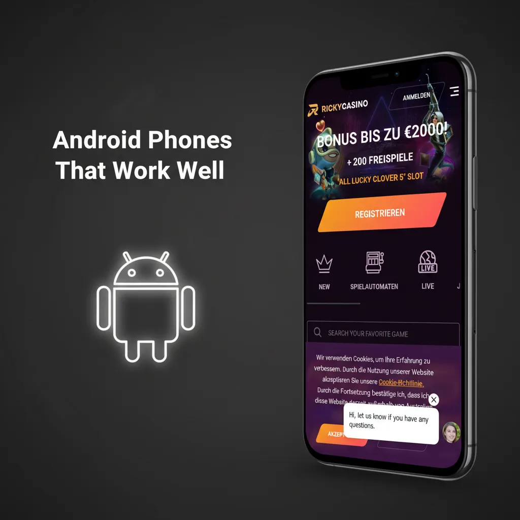 Graphic listing Android phones compatible with Ricky casino PWA: Galaxy S10-S24, Pixel 4-8, OnePlus 8-11, and more.