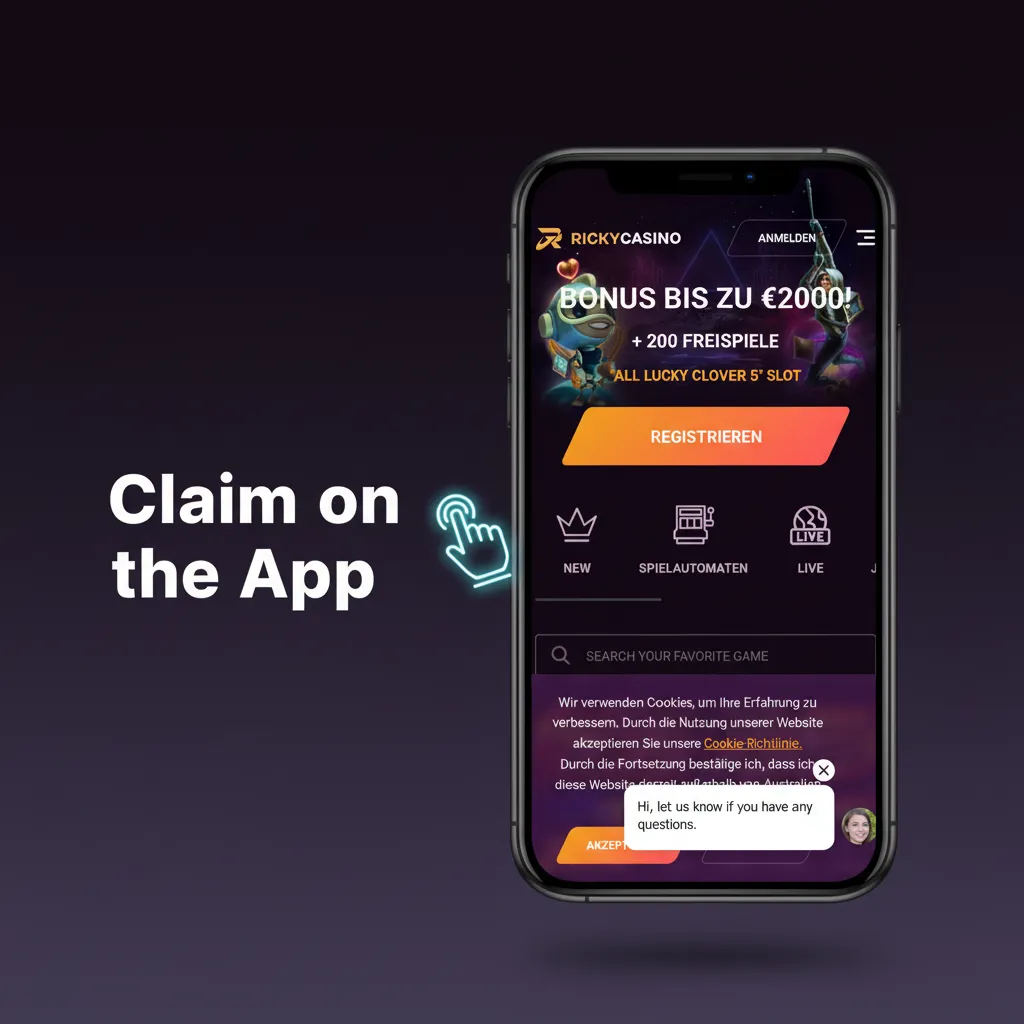 Ricky Casino app for iOS & Android: claim welcome bonus; choose AUD or USDT, deposit AU$20 or 20 USDT, All Lucky Clovers 5.