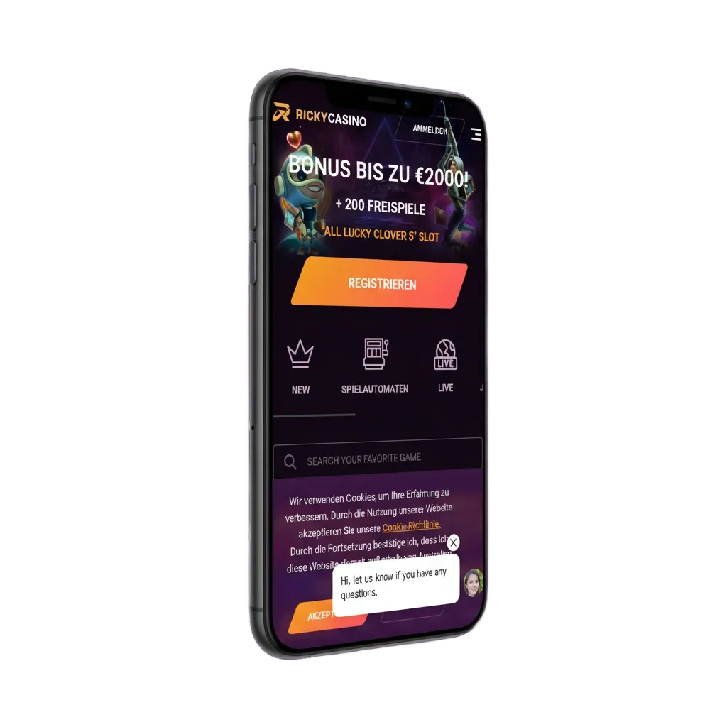 Ricky Casino iOS app promo for AU: pokies, live tables, sports; AU$7500/2400 USDT + 550 free spins on All Lucky Clovers 5.