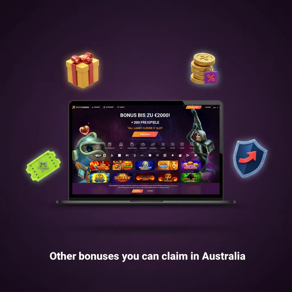 Graphic listing Ricky Casino Australia bonuses: weekly reloads, free spins, cashback, USDT deposit perk, VIP rewards.