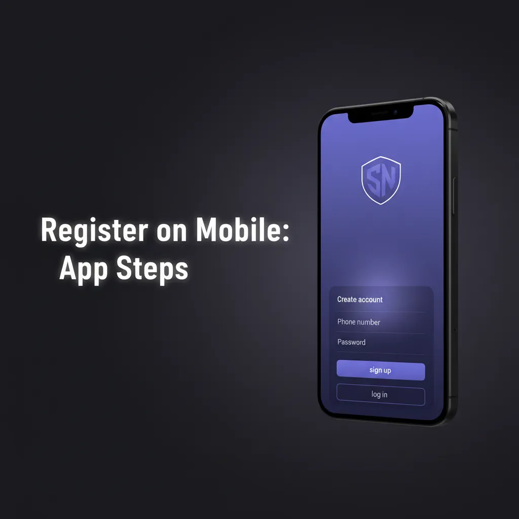 Phone screen with mobile app sign-up steps: download, create account, choose method, enter details, confirm by SMS/email