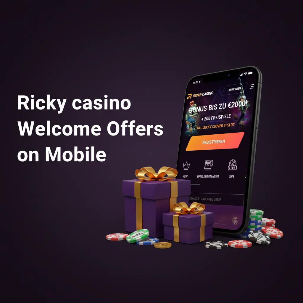 Smartphone showing Ricky Casino welcome offers: up to AU$7,500/2,400 USDT, 550 free spins, sports betting promos.