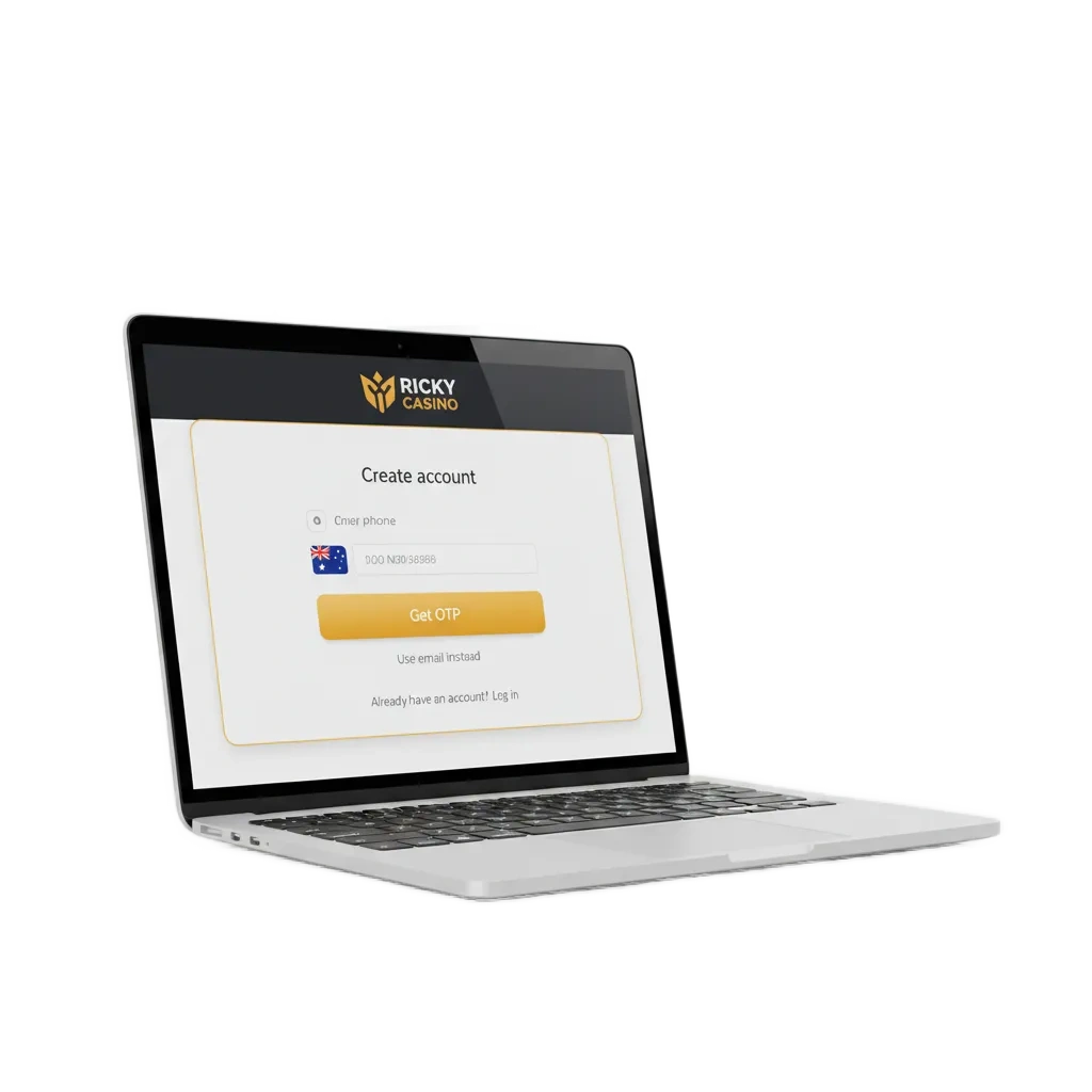 Ricky Casino AU signup screen with phone, email, social, one-click options; AU$7500/2400 USDT bonus + 550 free spins.