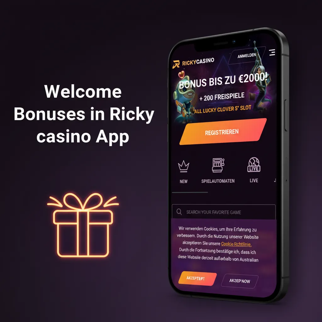 Ricky Casino app welcome offers screen: up to AU$7,500 or 2,400 USDT + 550 free spins on All Lucky Clovers 5; terms apply.