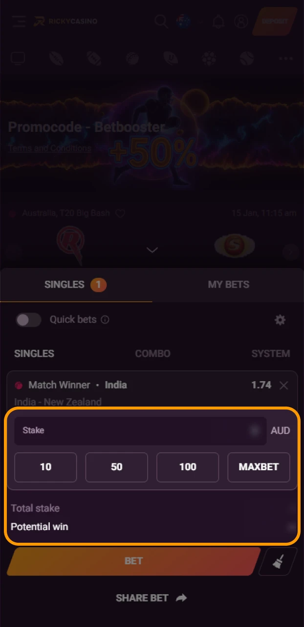 Enter your stake in the Ricky casino Android app to win.