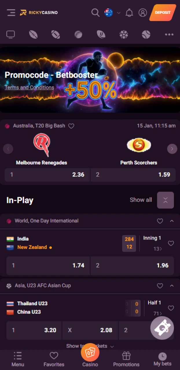 Open sports in the Ricky casino Android app and pick a match.