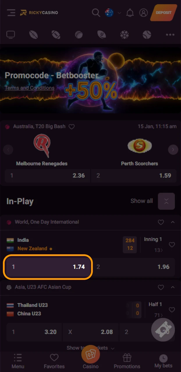 Tap a market and choose odds in the Ricky casino Android app.