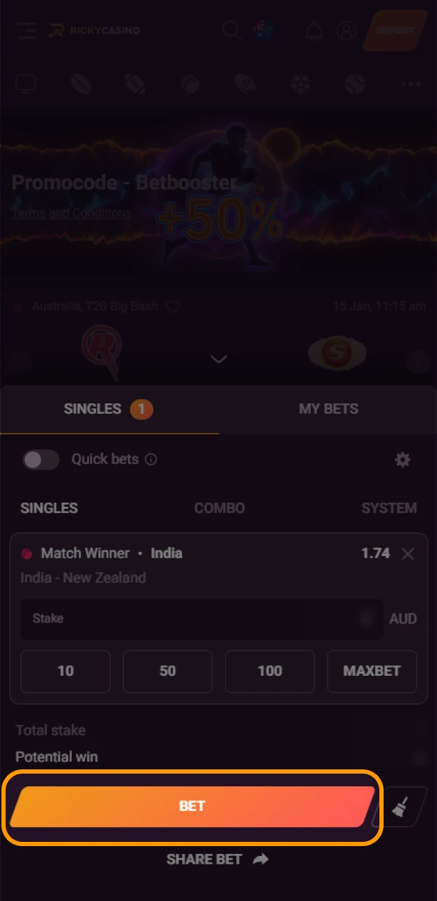 Track your wager in the Ricky casino Android app.