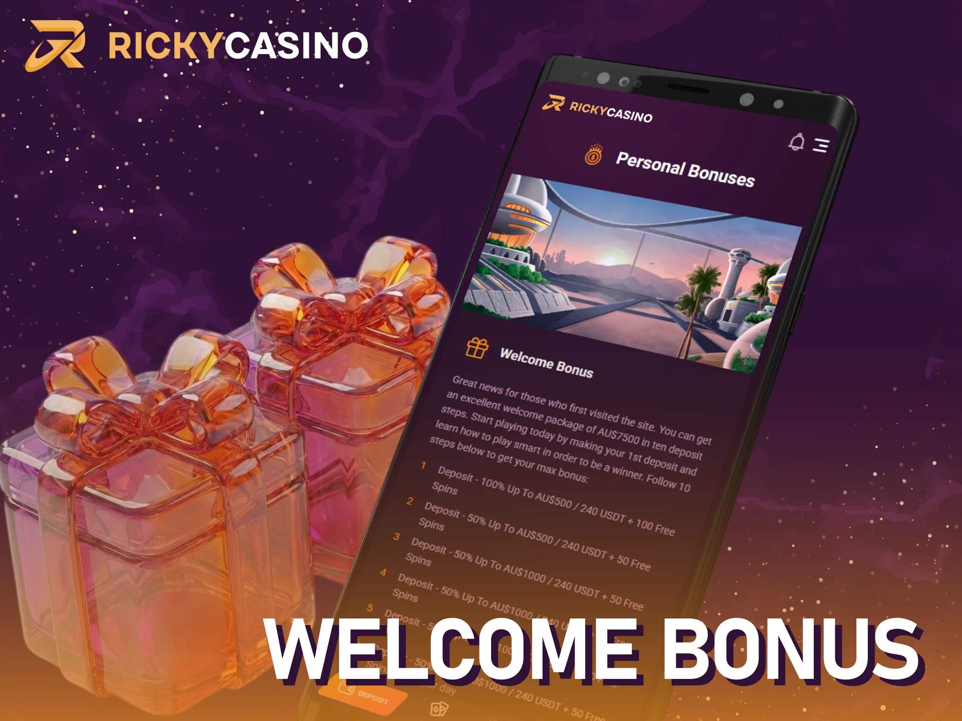 Claim the welcome bonus in the Ricky casino Android app to win more.