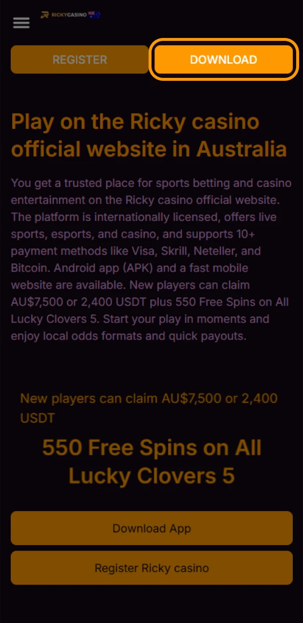Click the button to start the Ricky casino Android app setup.