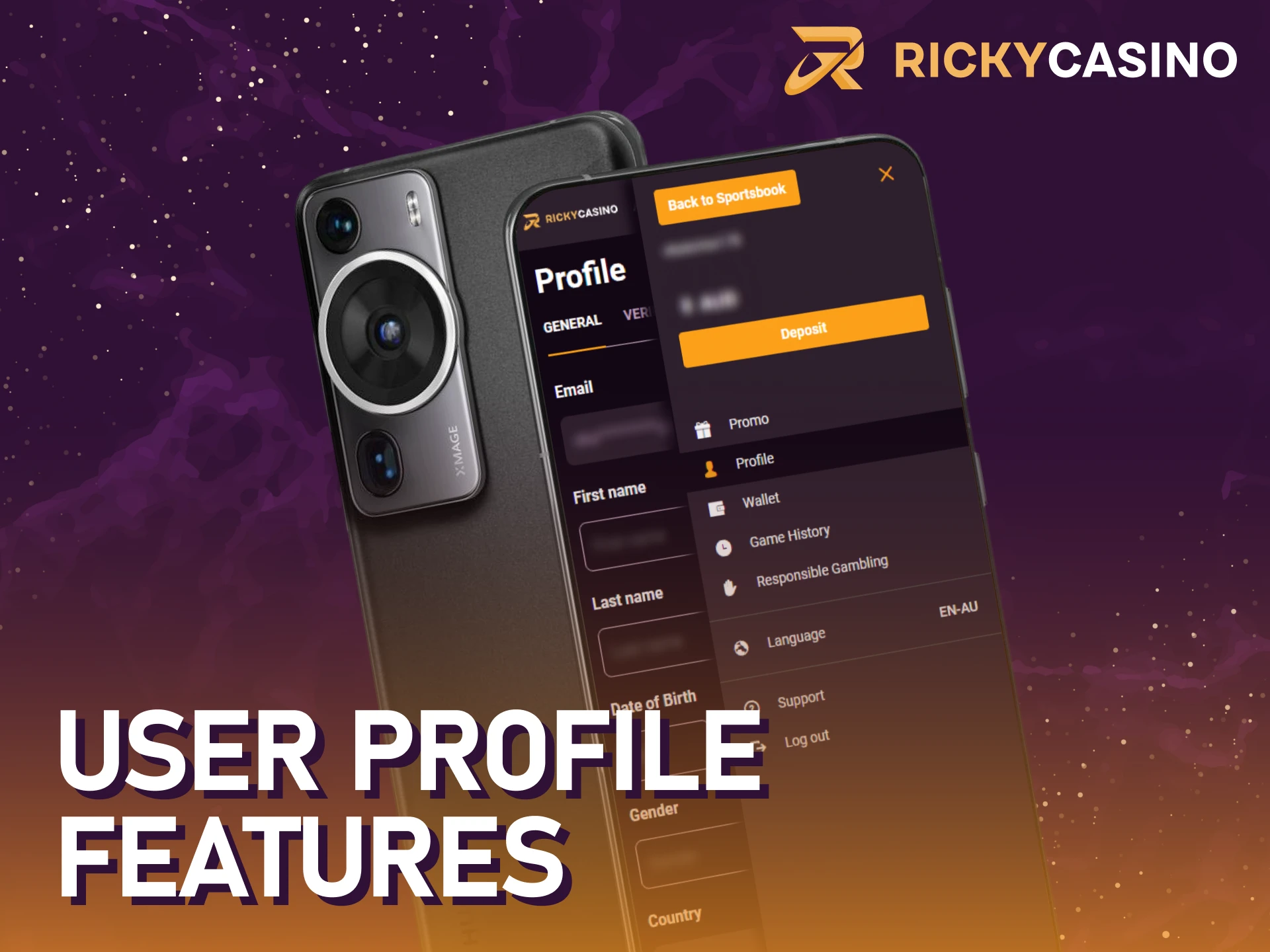 Manage your profile in the Ricky casino Android app.