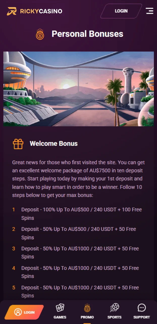 Explore available bonuses in the Ricky casino Android app.