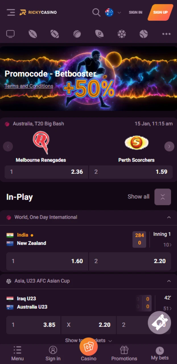 Play the casino games at the Ricky casino Android app.