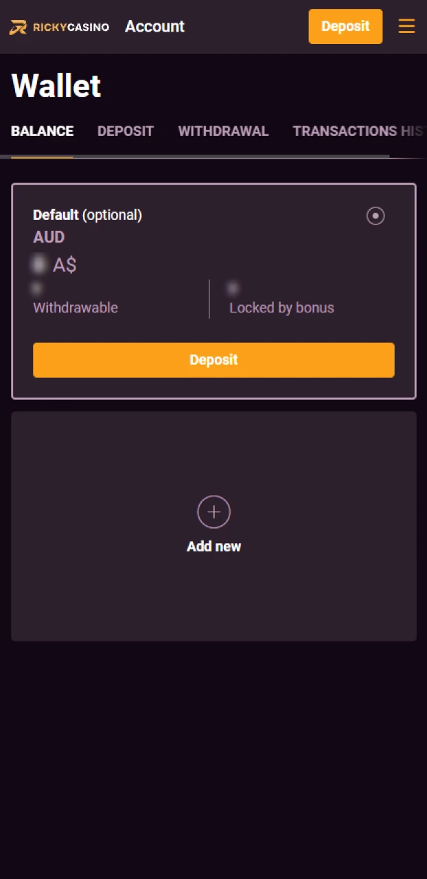 Check your balance in the Ricky casino Android app in Australia.