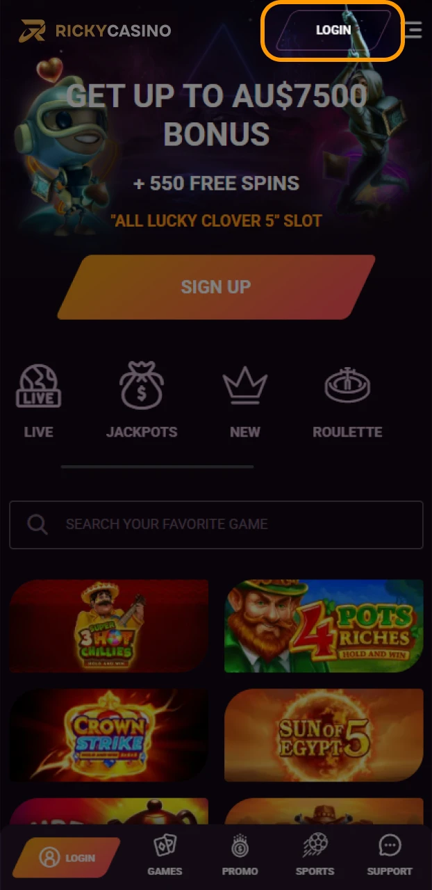 Open the Ricky casino Android app and tap the login button.
