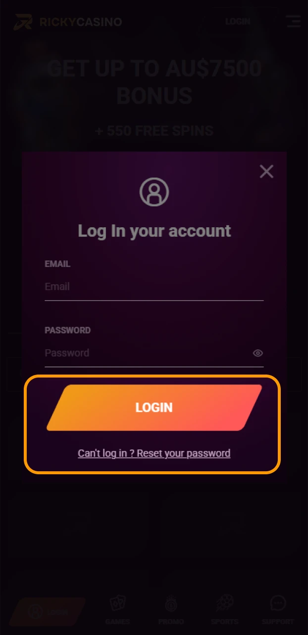 Wait for the Ricky casino Android app dashboard to load your profile.