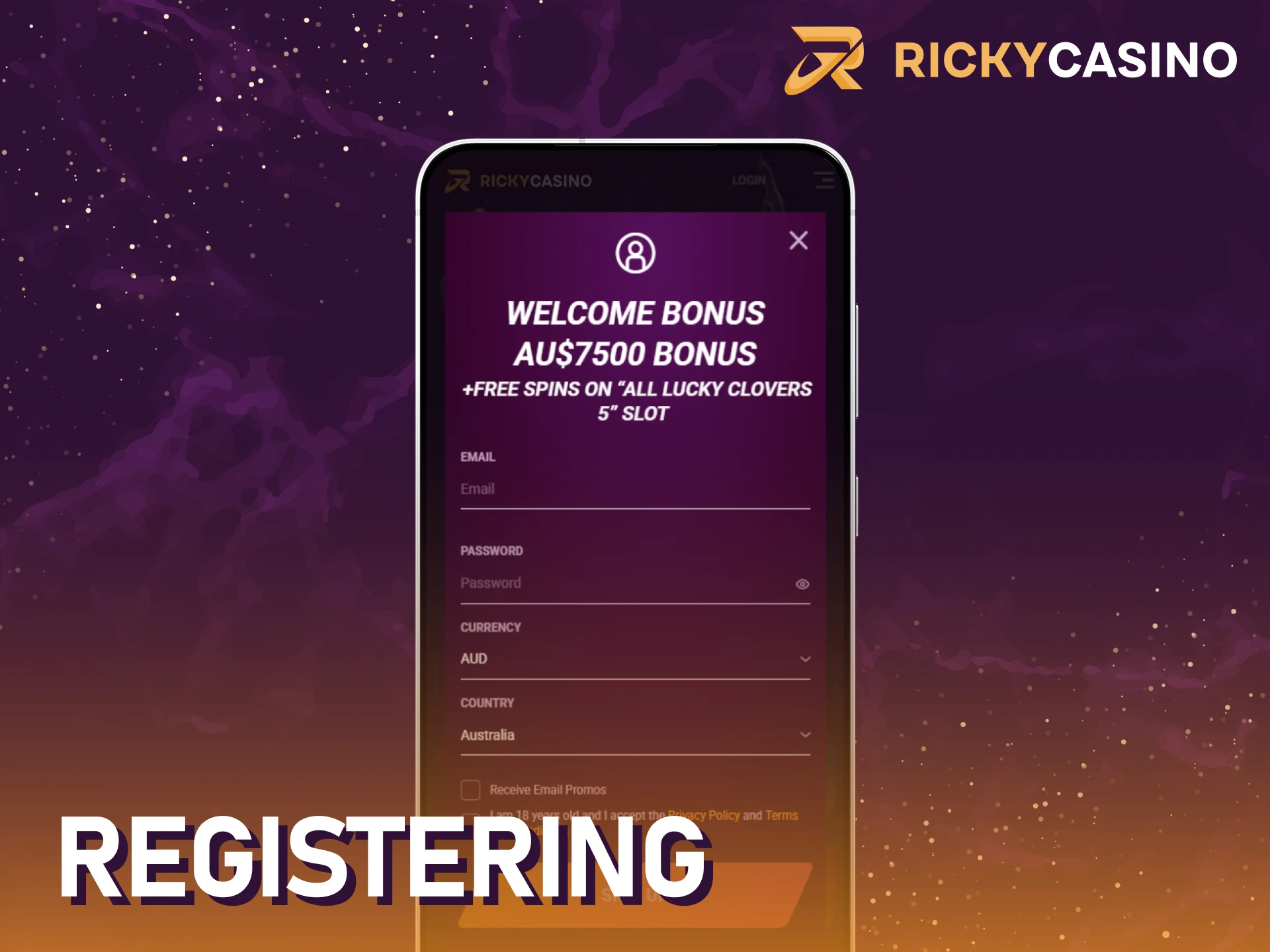 Register your account in the Ricky casino Android app.