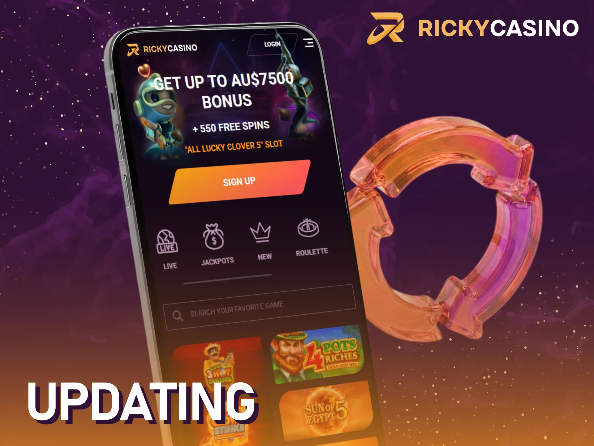 Update the Ricky casino Android app to the newest version.