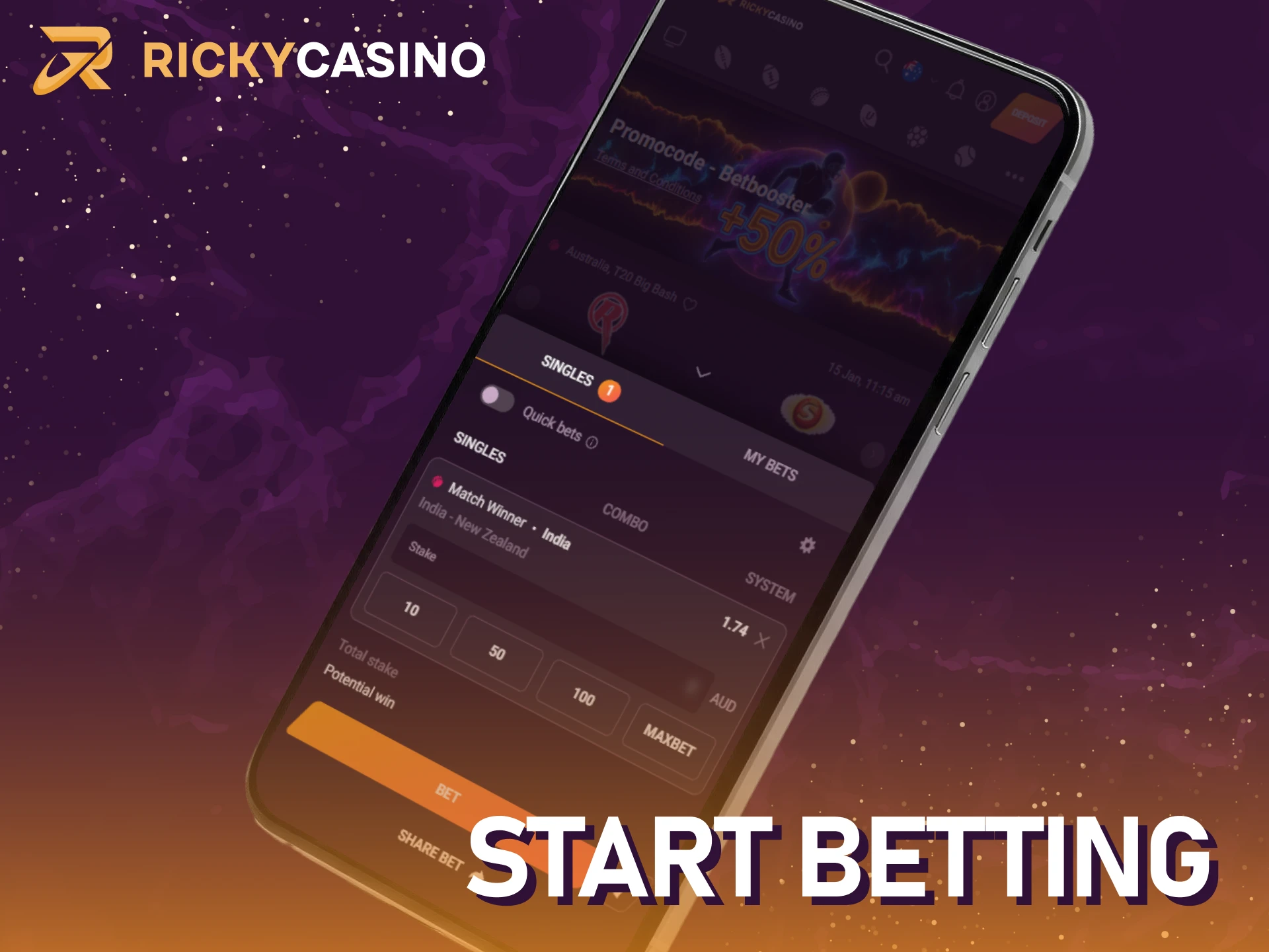 Start betting and winning in a few taps using the Ricky casino app.