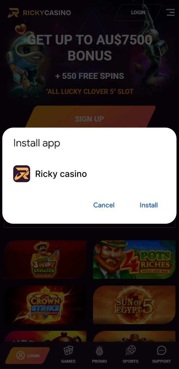 Confirm the file download for your Ricky casino app.