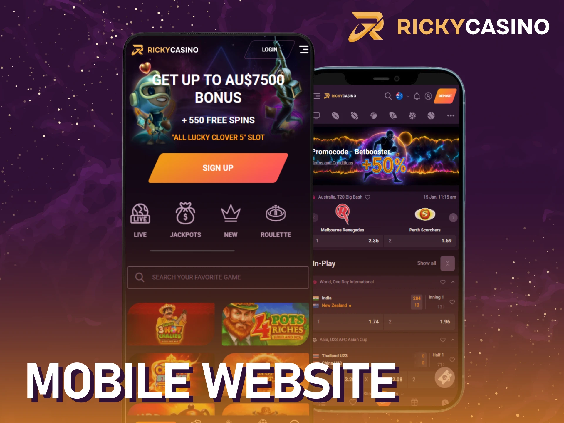 Use the mobile website version of Ricky casino without an install.