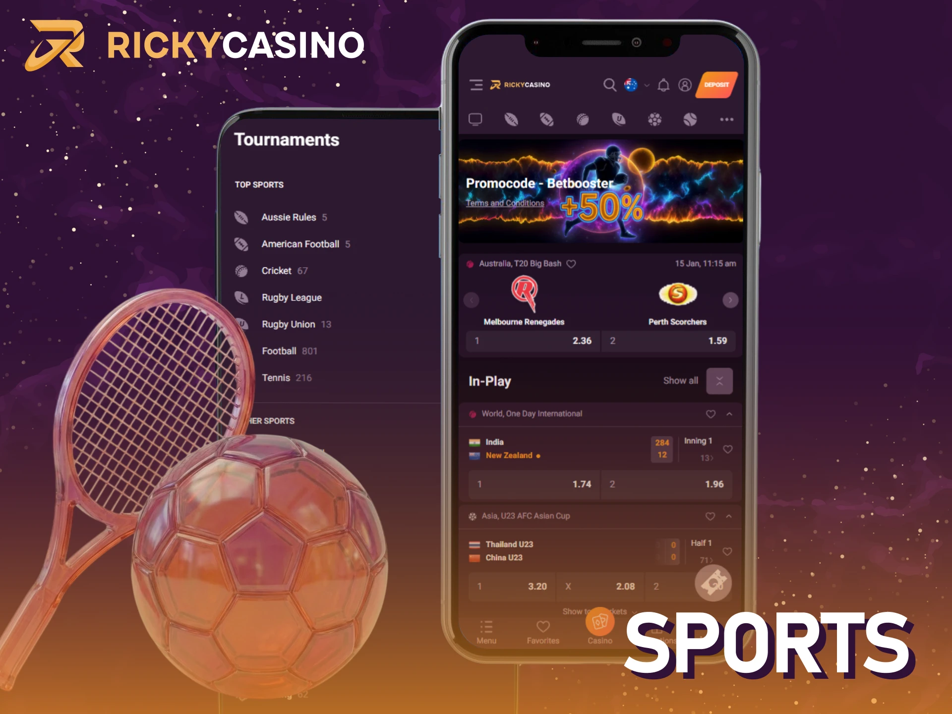 Win with sports in the app by betting at Ricky casino.