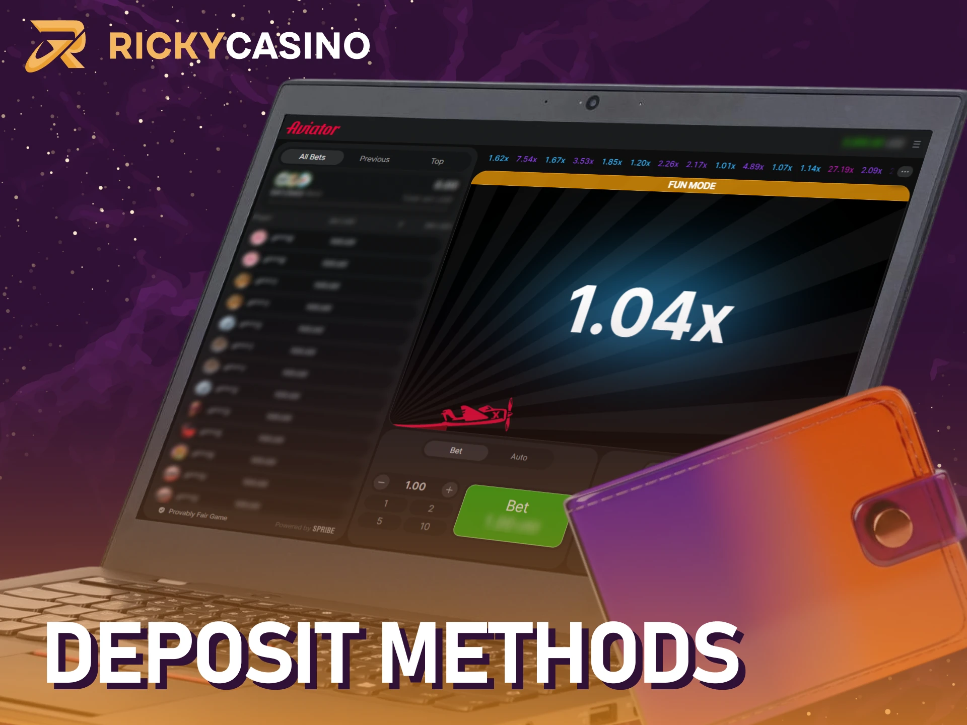 Select a convenient payment method for Aviator deposits at Ricky casino.