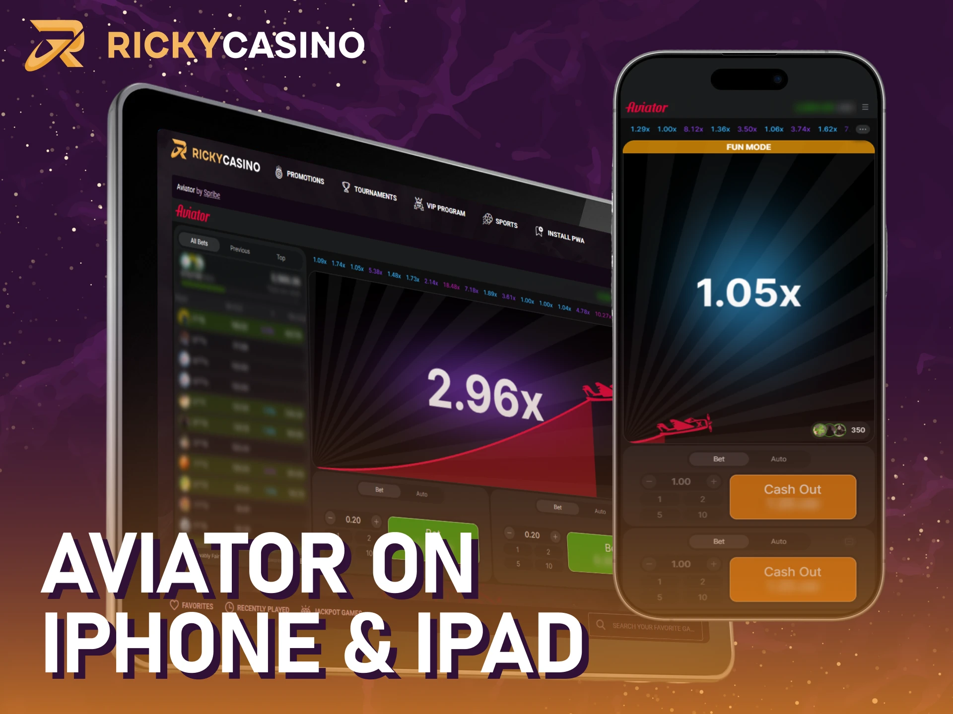 Install the mobile version of Ricky casino on iOS for Aviator fans.