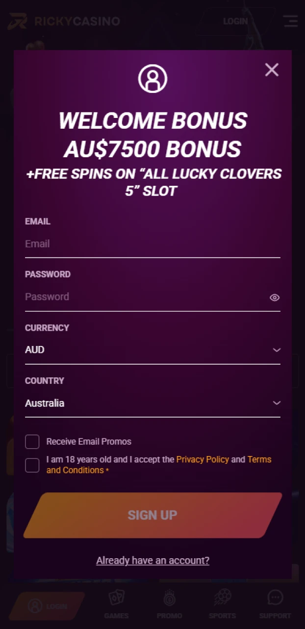 Complete register and verify your Ricky casino account for playing Aviator.