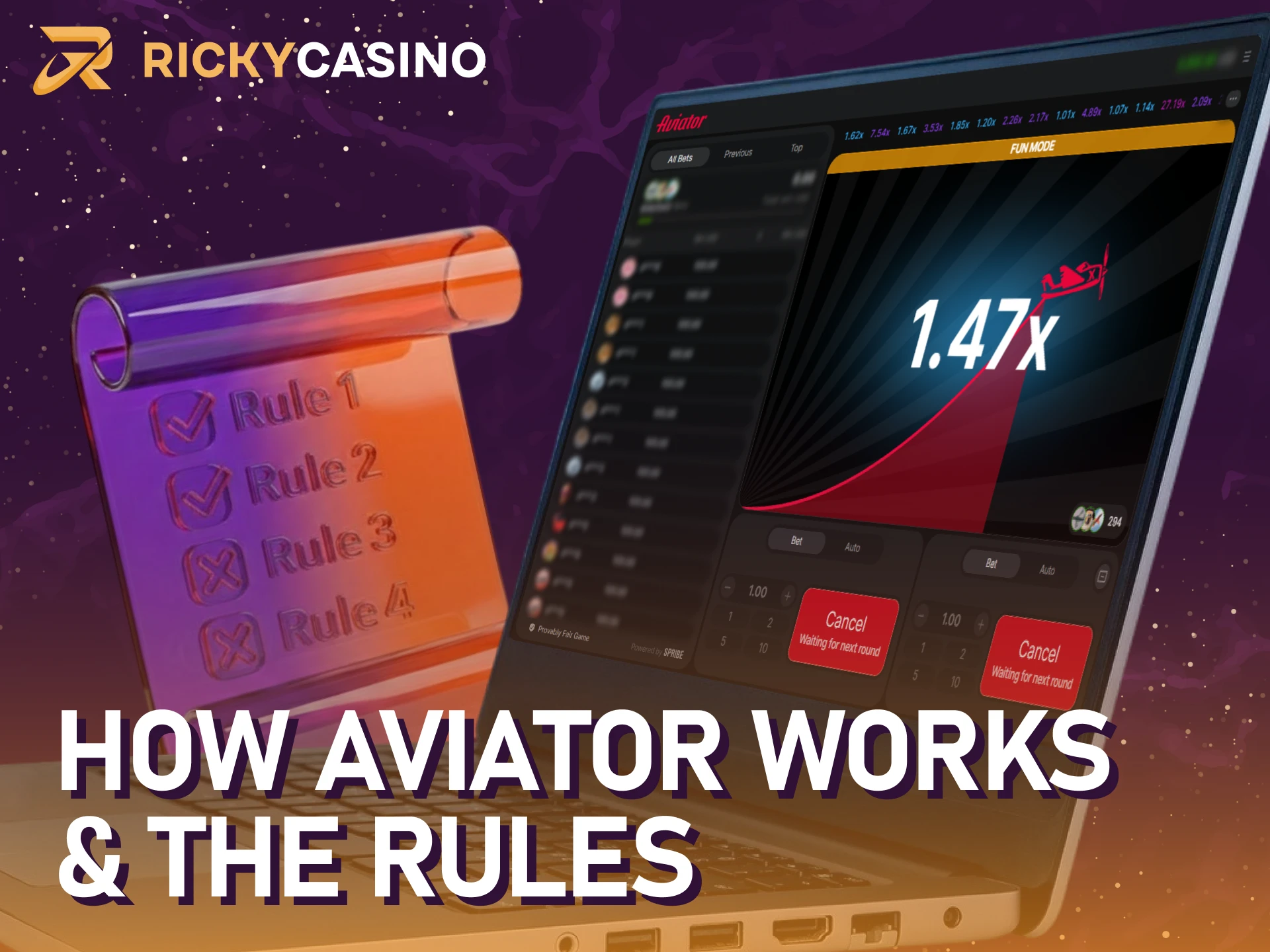 Study the Aviator rules and mechanics before betting at Ricky casino.