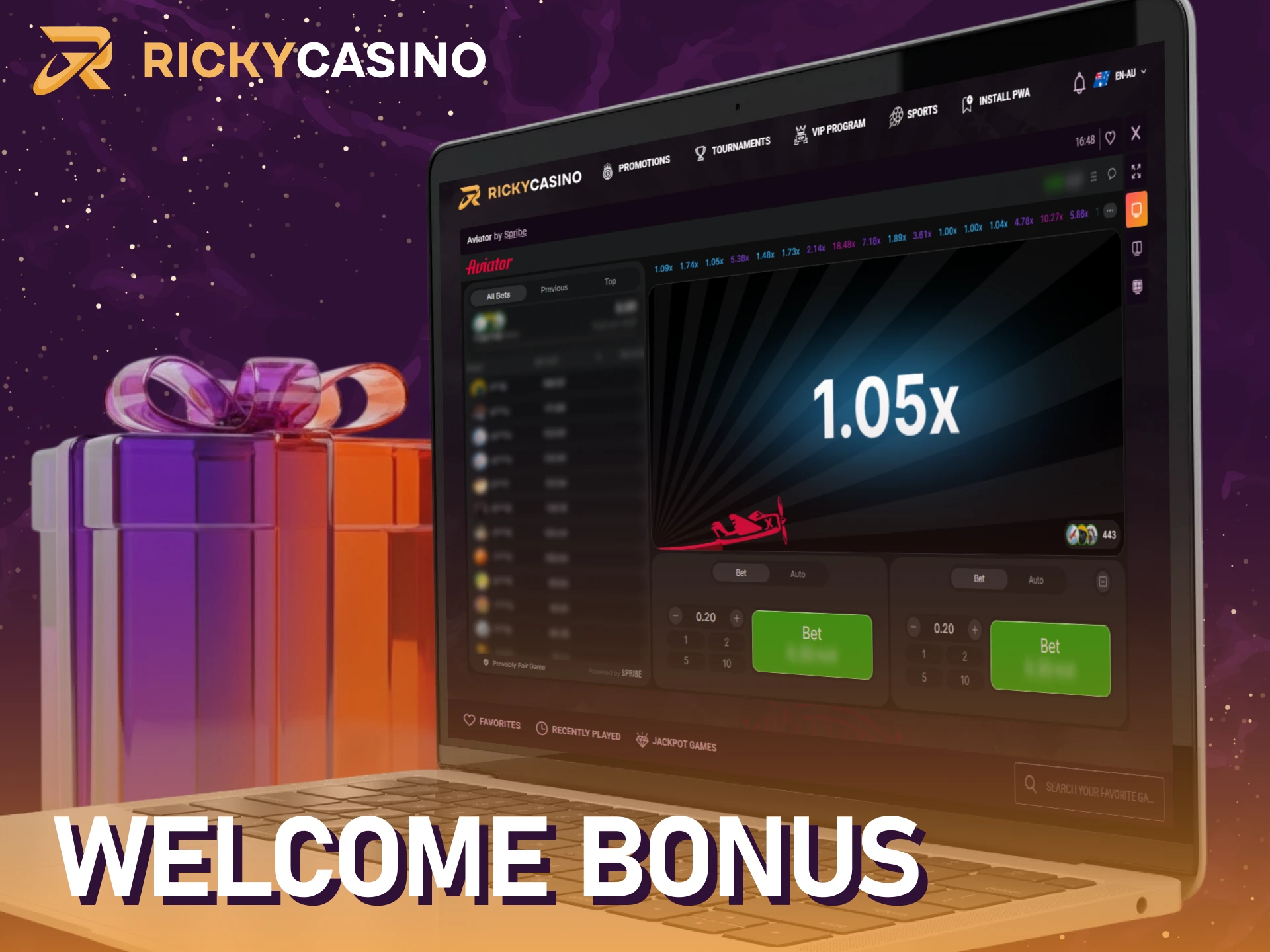 Claim your Welcome Bonus at Ricky casino to fly higher in Aviator.