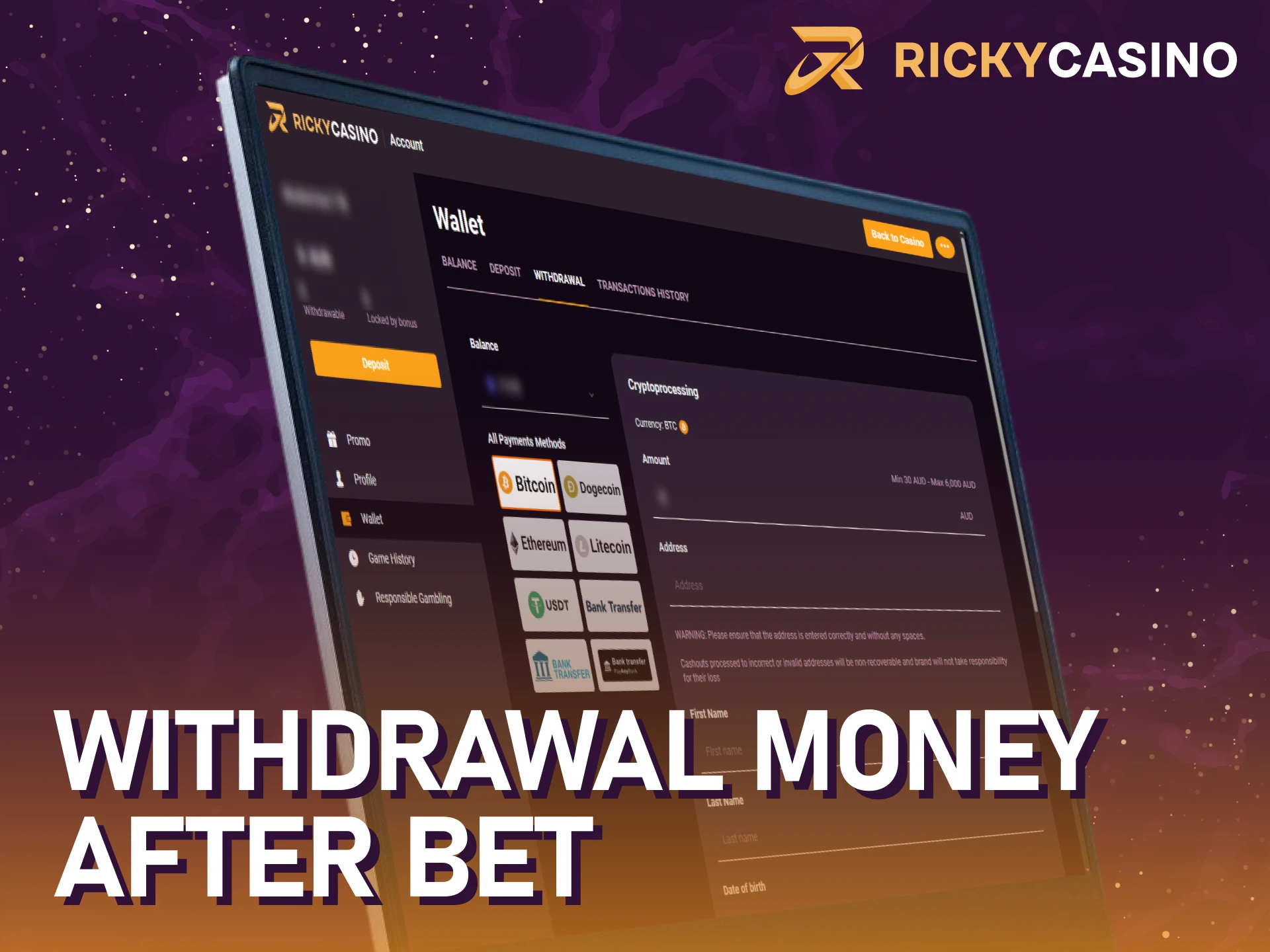 Withdraw your winnings from Ricky casino after a successful bet.