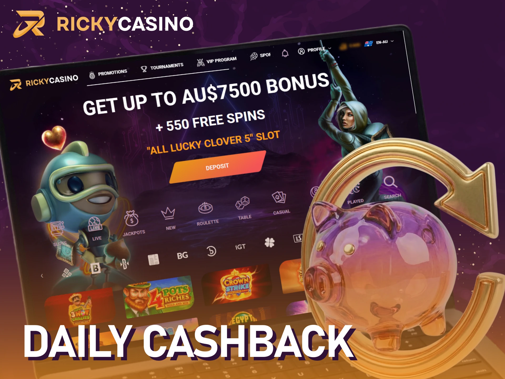 Receive a Daily Cashback bonus on your net losses at Ricky casino.