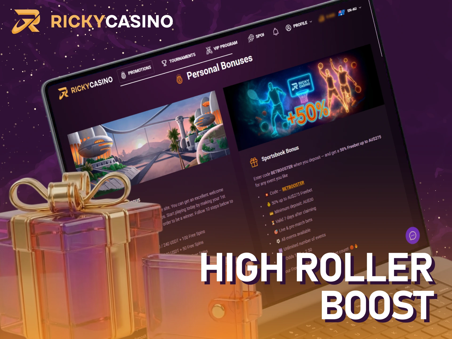 Get a High Roller Boost bonus for larger deposits at Ricky casino.