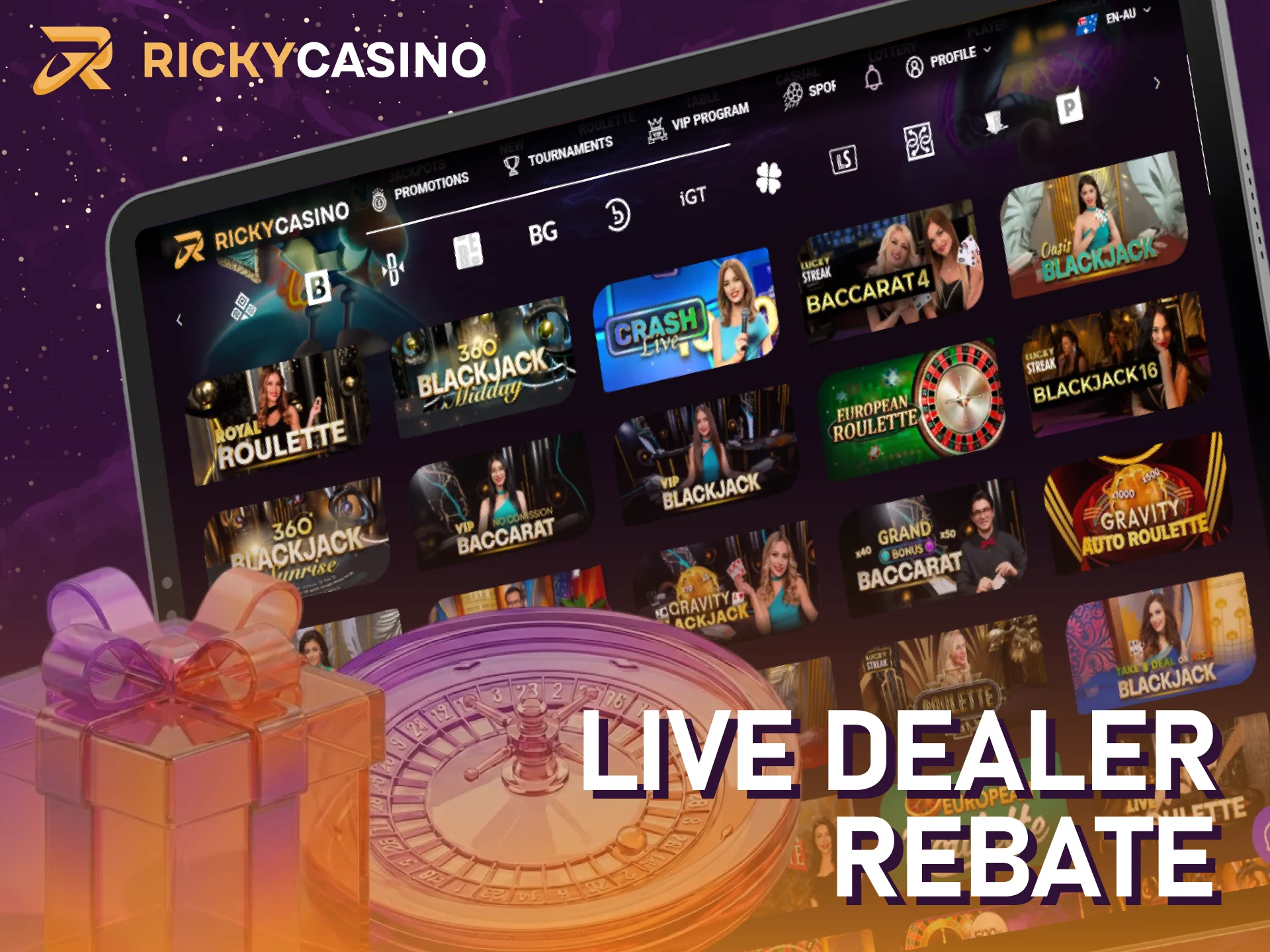 Play blackjack or roulette to get a Live Dealer Rebate bonus at Ricky casino.