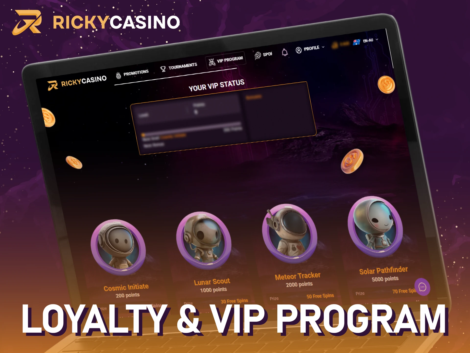 Join the loyalty and VIP program to earn rewards at Ricky casino.