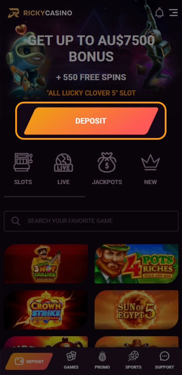 Open the cashier section to initiate a Ricky casino deposit.