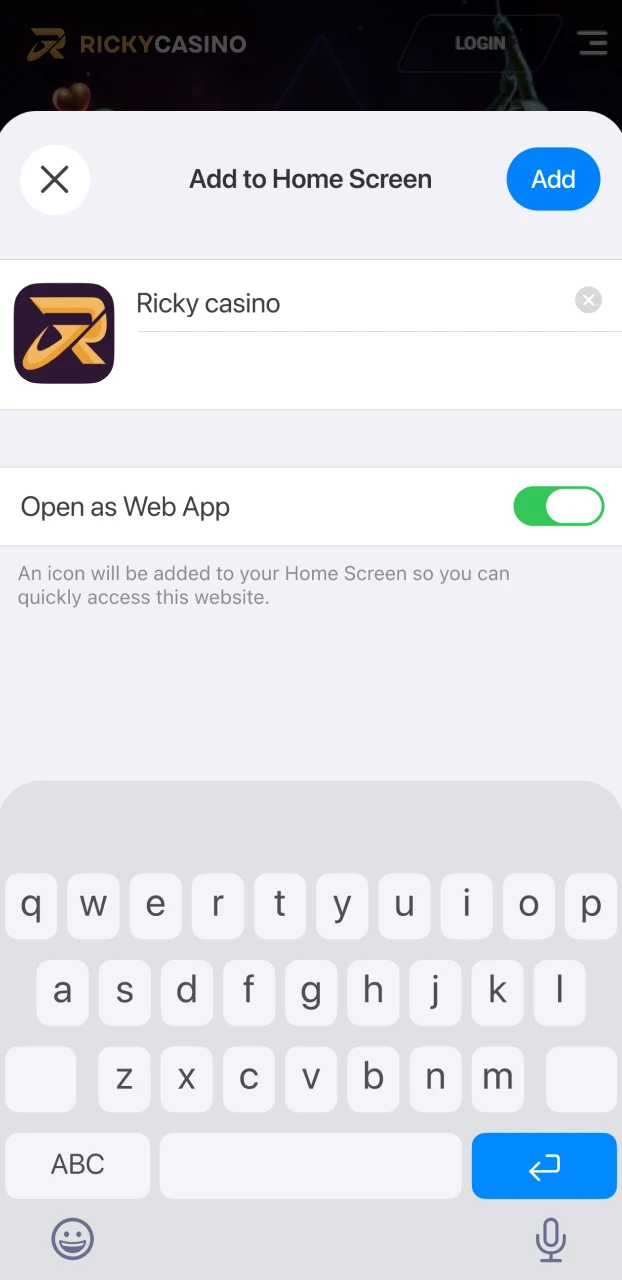 Choose the add to home screen option for the Ricky casino iOS app in Australia.