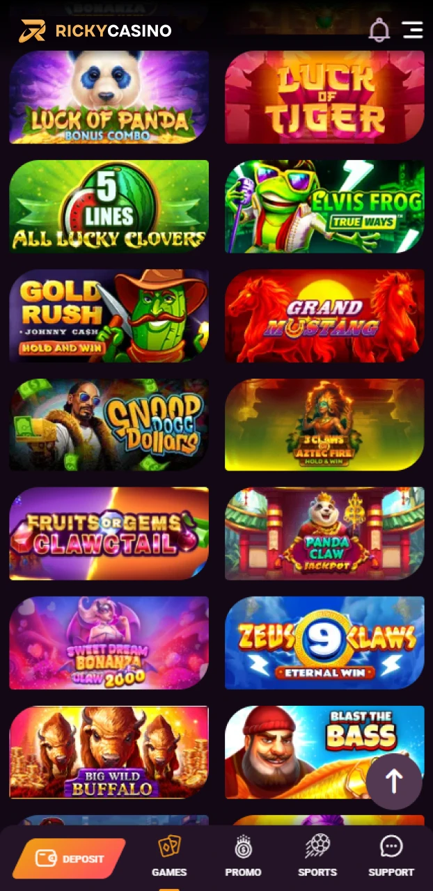 Explore the collection of casino games in the Ricky casino iOS app.