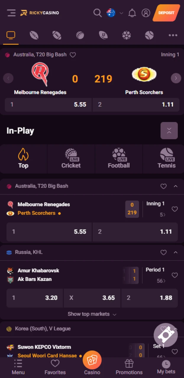 Browse the sports in the Ricky casino iOS app in Australia and bet.