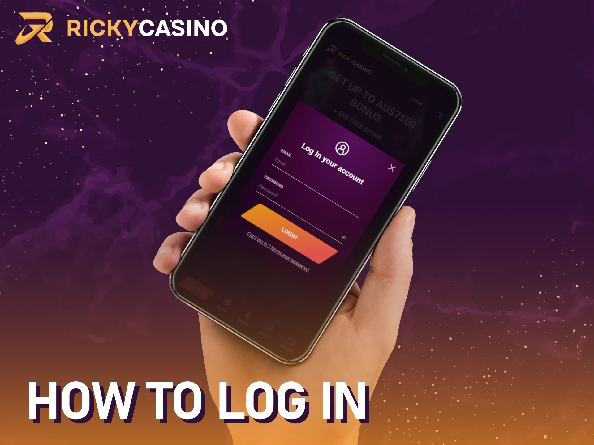 Log in to your personal account on the Ricky casino iOS app.