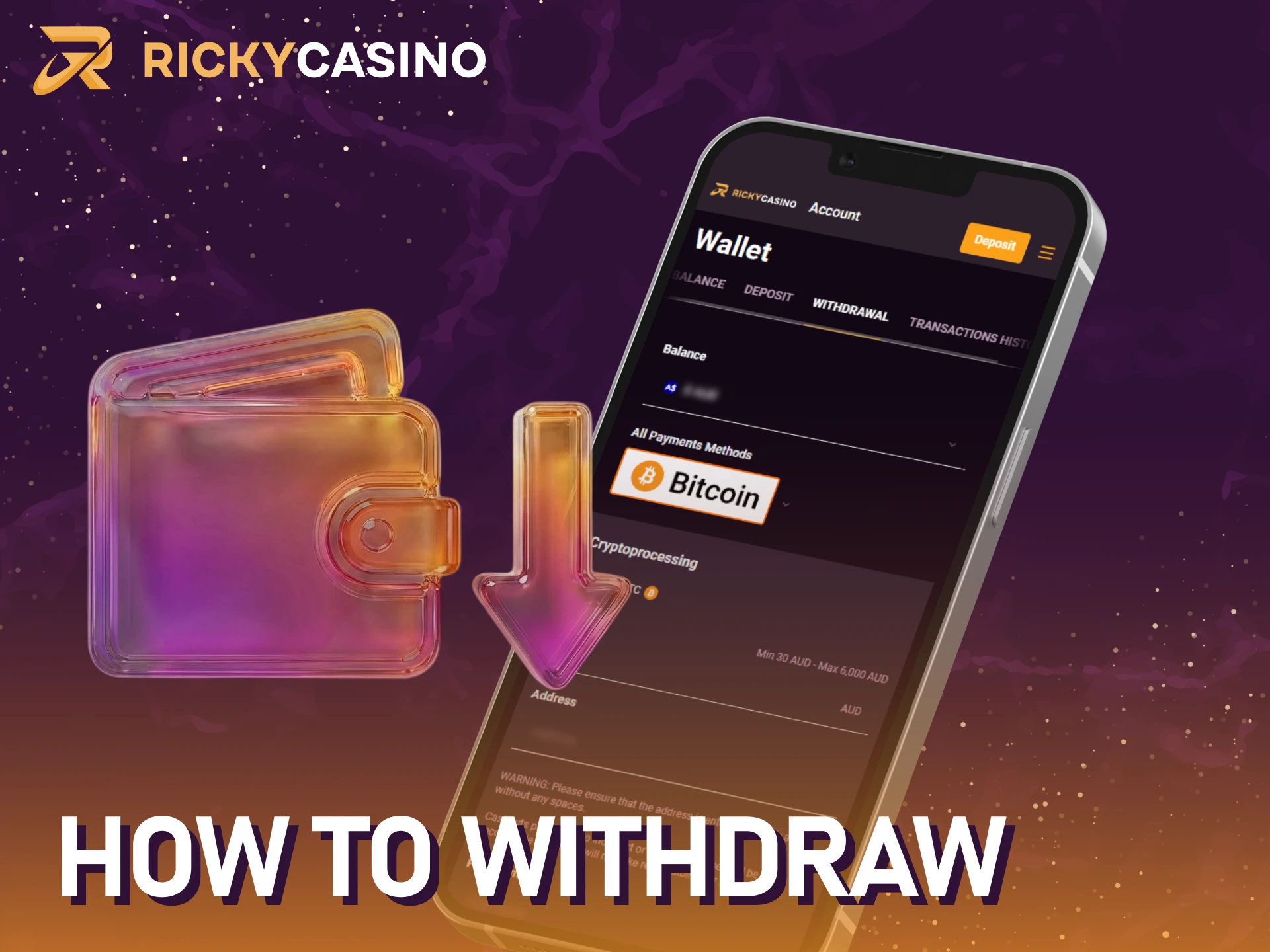 Withdraw your winnings on mobile through the Ricky casino iOS app.