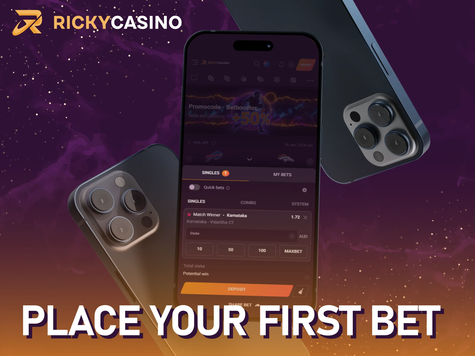Place your first bet easily via the Ricky casino iOS app.