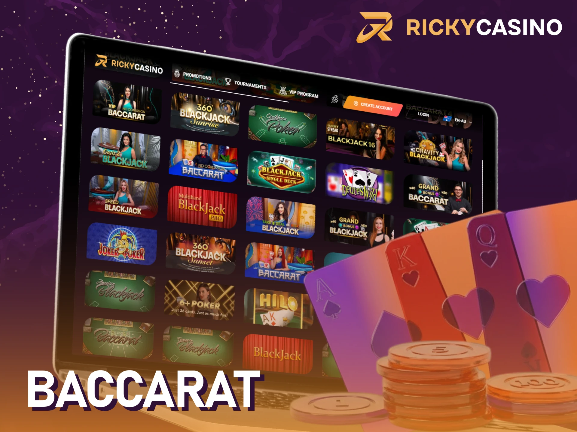 Play a round of Baccarat with real dealers at Ricky casino live.