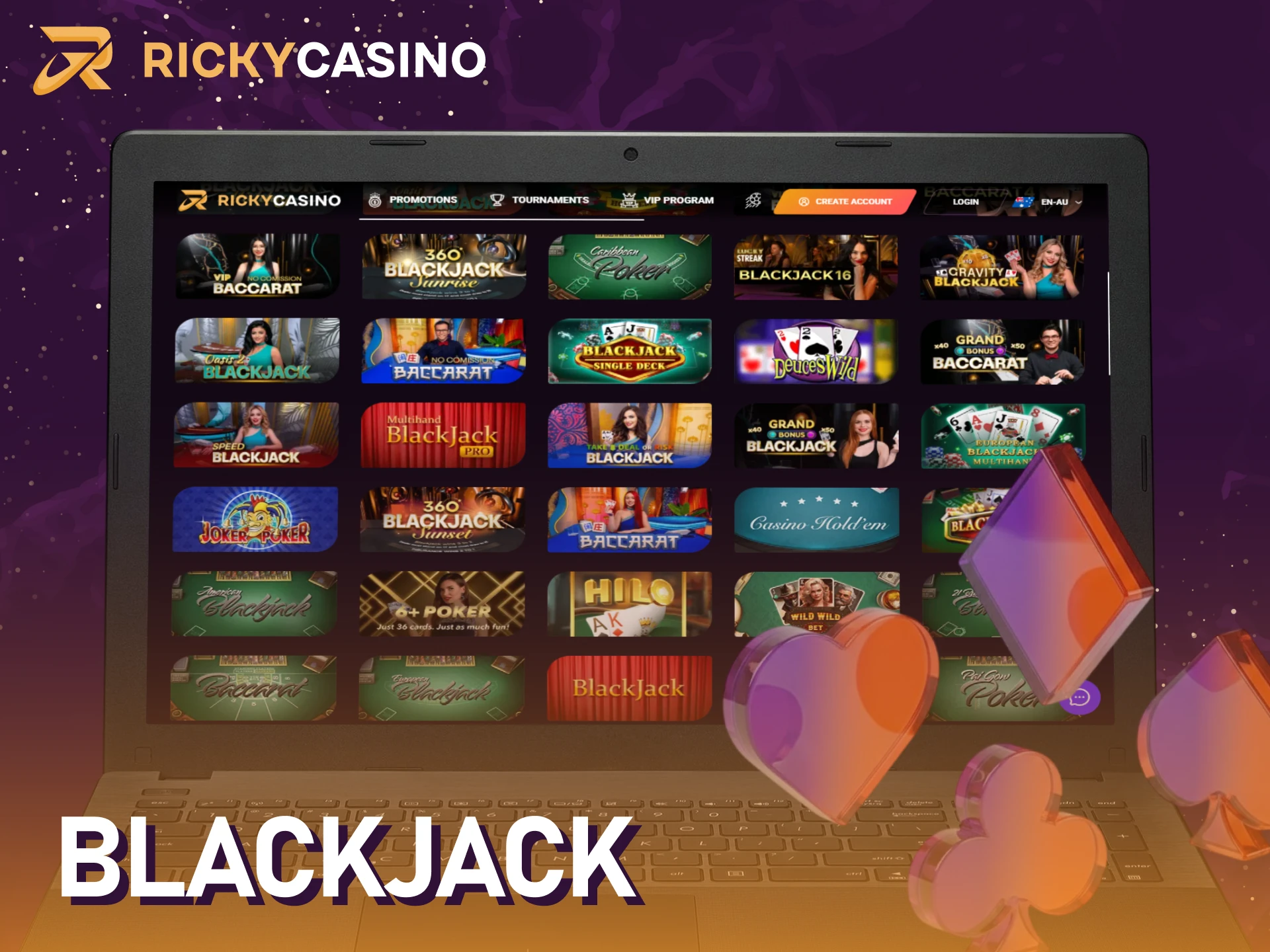 Challenge the dealer in Blackjack to win big at Ricky casino live.