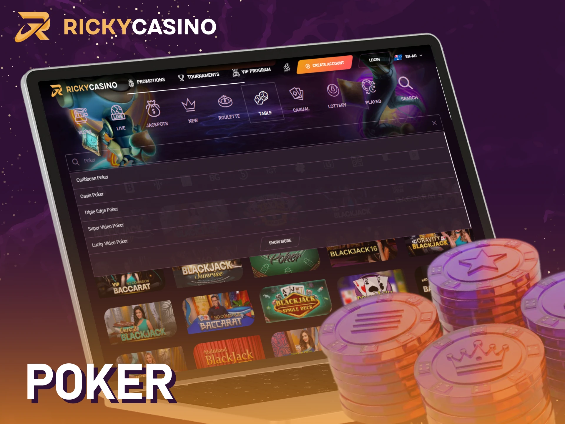Show your skills in Poker and compete at Ricky casino live tables.